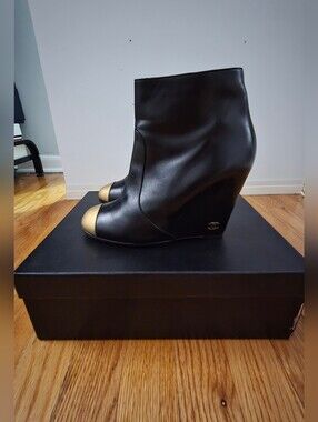 CHANEL Black Leather Wedge Ankle Boots with Gold Cap Toe Size 36.5